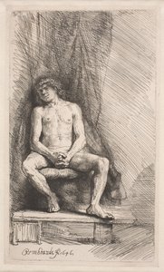 Estudo de nu: homem sentado diante de uma cortina de Rembrandt van Rijn