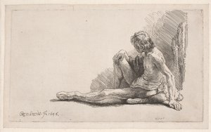 Estudo de nu: homem sentado no chão com uma perna estendida de Rembrandt van Rijn