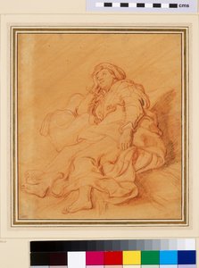 Estudo da Figura de Raquel, c.1621 (giz vermelho com giz preto e branco sobre papel preparado com laranja) de Rembrandt van Rijn