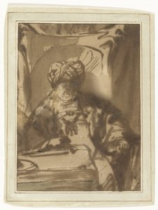 O ator Willem Bartholsz Ruyter no papel do rei Assuero no seu trono de Rembrandt van Rijn
