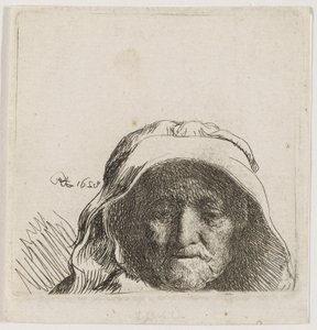 A mãe do artista: apenas a cabeça, de frente de Rembrandt van Rijn