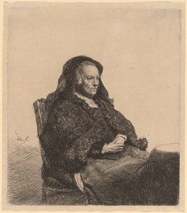A mãe do artista sentada em uma mesa, olhando para a direita de Rembrandt van Rijn