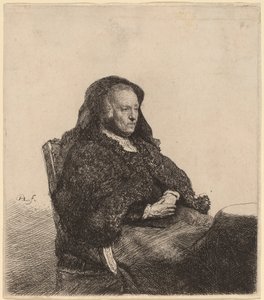A mãe do artista sentada em uma mesa, olhando para a direita de Rembrandt van Rijn