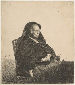 A Mãe dos Artistas Sentada à Mesa Olhando à Direita: Comprimento de Três Quartos, ca. 1631 de Rembrandt van Rijn