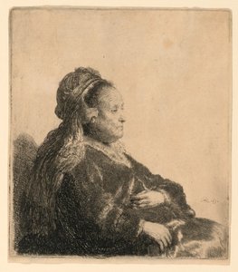 A mãe do artista sentada, com um cocar oriental: meio comprimento de Rembrandt van Rijn