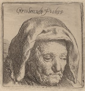 A mãe do artista em um cocar de pano, olhando para baixo, 1633. de Rembrandt van Rijn