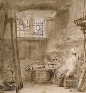 The Artist&39;s Studio, 1659 (caneta e dois tons de tinta marrom, cinza-marrom, algumas correções em branco) de Rembrandt van Rijn