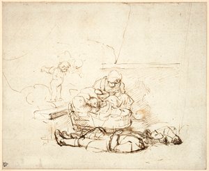 A Sagrada Família dormindo, com anjos, 1645 (caneta e tinta com guache sobre papel) de Rembrandt van Rijn
