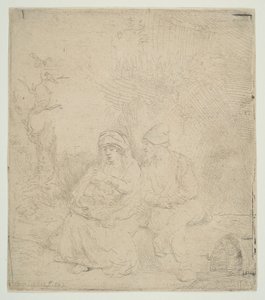 O Descanso na Fuga para o Egito, levemente gravado, 1645. de Rembrandt van Rijn
