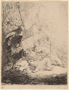 A pequena caça ao leão (com dois leões) de Rembrandt van Rijn