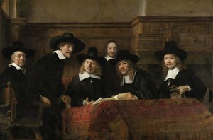 Os Guardiões da Guilda dos Drapers de Amsterdã, conhecidos como &39;The Syndics&39;, 1662 de Rembrandt van Rijn