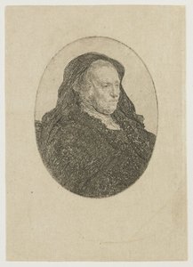 A mãe do artista, sentada à mesa, a olhar para a direita: retrato de três quartos de Rembrandt van Rijn