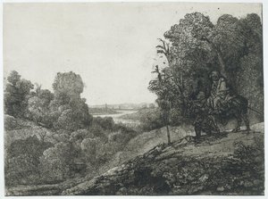 A fuga para o Egito: gravura adaptada de Seghers de Rembrandt van Rijn