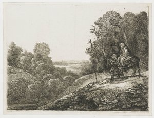 A fuga para o Egito: gravura adaptada de Seghers de Rembrandt van Rijn