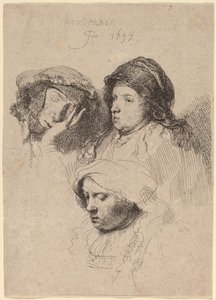 Três cabeças de mulheres, uma dormindo de Rembrandt van Rijn