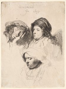 Três cabeças de mulheres, uma dormindo de Rembrandt van Rijn