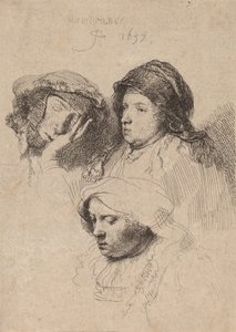 Três cabeças de mulheres, uma dormindo, 1637. de Rembrandt van Rijn