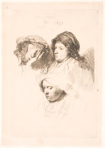 Três cabeças de mulheres, uma dormindo de Rembrandt van Rijn