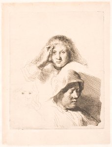 Três cabeças de mulheres, uma levemente gravada de Rembrandt van Rijn