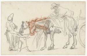 Dois cavalos num ponto de paragem de Rembrandt van Rijn