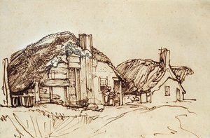 Duas casas de palha com figuras na janela de Rembrandt van Rijn