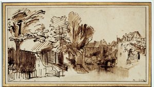 Vista do Canal Singel em Amersfoort. Desenho de Harmensz Rembrandt (1606-1669) de Rembrandt van Rijn