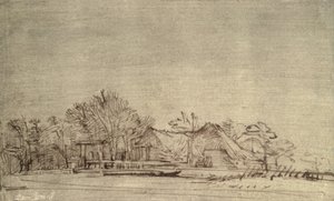 Paisagem de inverno com Cottages entre árvores, c.1650 (caneta de reed e tinta marrom) de Rembrandt van Rijn