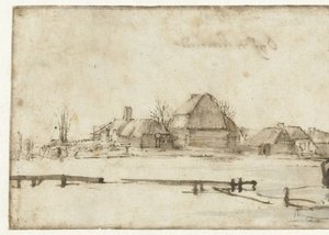 Vista de inverno com hidrovia, chalés e dois barcos de Rembrandt van Rijn