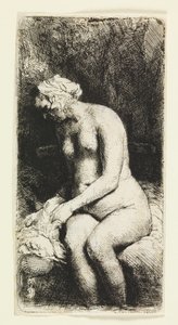 Mulher banhando os pés em um riacho de Rembrandt van Rijn
