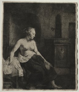 Mulher sentada meio vestida ao lado de um fogão, 1658. de Rembrandt van Rijn