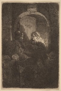Mulher junto a uma portinhola a falar com um homem e com crianças (O Professor) de Rembrandt van Rijn