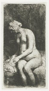 Mulher a banhar os seus pés num riacho de Rembrandt van Rijn