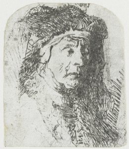 Mulher com um manto de peles aparadas
Busto de uma mulher idosa com um manto peludo e um pesado toucado de Rembrandt van Rijn