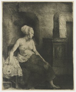 Mulher sentada meio vestida ao lado de um fogão de Rembrandt van Rijn