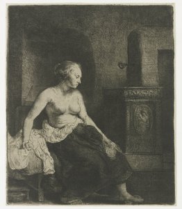 Mulher sentada meio vestida ao lado de um fogão de Rembrandt van Rijn