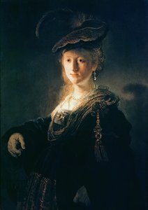 Mulher jovem, em, vestido extravagante de Rembrandt van Rijn