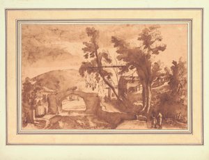 Uma paisagem montanhosa com uma ponte sobre um rio, figuras numa estrada junto a uma quinta à direita (tinta e lavagem com giz sobre papel) de Remigio Cantagallina