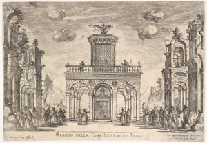 Primeiro interlúdio: palácio da fama Sexto intermediário: palácio da fama, da série S..., 1608. de Remigio Cantagallina
