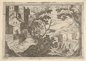 Paisagem com edifícios à esquerda e uma ponte logo abaixo, ca. 1620-50. de Remigio Cantagallina