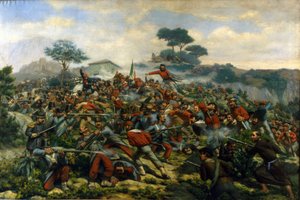 Risorgimento: a batalha de Calatafimi na Sicília entre as tropas de Giuseppe Garibaldi (1807-1882), os Mil e o exército do Reino das duas Sicilias de Remigio Legat