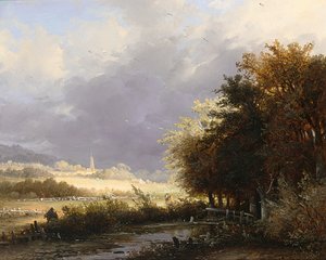 Figuras numa estrada rural, uma tempestade a aproximar-se de Remigius Adrianus Haanen