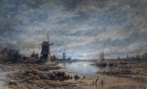 Noite enluarada (paisagem do canal com moinhos de vento e navios)