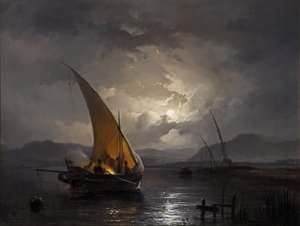 Uma paisagem noturna com um veleiro onde se acende uma fogueira, após 1860 (óleo sobre tela) de Remigius van Haanen