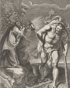 São Cristóvão carregando o Menino Jesus através de um riacho, outro homem segurando um ..., ca. 1636-80.