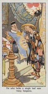 Provérbio oriental: Quem não tem um único tael vê muitas pechinchas (cor litho) de René Bull