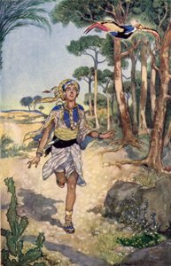 Na manhã seguinte ele seguiu o pássaro enquanto ele voava de árvore em árvore (cor litho) de René Bull