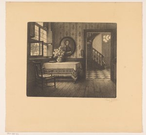 Interior com retrato, mesa e vista de um corredor de René Janssens (signed by artist)