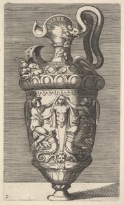 Vaso com duas figuras aladas drapejando um termo, século XVII. de Rene Boyvin