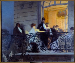 Belle Epoque: "A varanda" Noite social, um homem faz sexo à mão com a anfitriã. Pintura por Rene Prinet (1861-1946) 1900 Sol. 1,86x1,56 m Caen, Musee des Beaux Arts