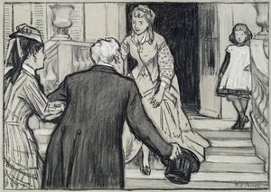 A visita, ilustração de La Jeune Fille Bien Elevee de Rene Boylesve (gizes a preto e branco sobre papel) de René François Xavier Prinet